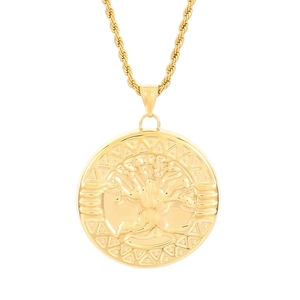 Golden Tree of Life pendant necklace with textured border on a twisted rope chain