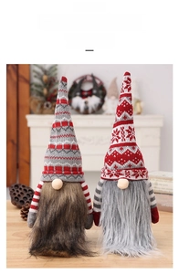 Detailed view of Christmas faceless gnomes with knitted hats and long faux fur beards