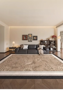 Artistic floral and bird pattern carpet on floor in a cozy modern living room setup