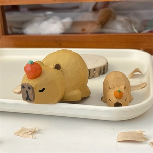 Cute Capybara Wooden Ornament Lazy Sleeping Desktop Car Decor Hand Carved Wood Figurine With Orange Healing Gift