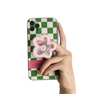 Green checkerboard phone case with pink flower pop socket grip stand for smartphones