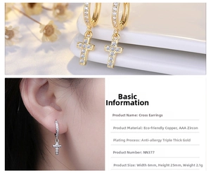 Detailed view of gold and silver cross hoop earrings with AAA cubic zirconia stones