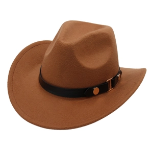 Detailed view of the brown felt cowboy hat with leather band and metal buckle accessory
