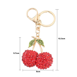 3D cherry keychain with red rhinestones and gold metal lobster clasp for gifts
