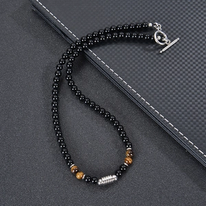 6mm natural tiger eye and obsidian beaded necklace with stainless steel OT clasp