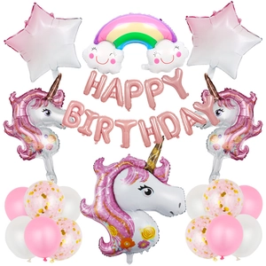 Kit ballons licorne anniversaire avec lettres roses et décorations en aluminium arc-en-ciel