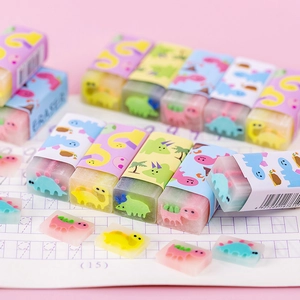 Cartoon dinosaur scented jelly erasers set in colorful pink and blue designs for kids