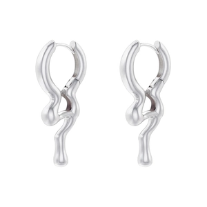 Detailed macro view of liquid metal wavy drop earrings with polished silver mirror finish