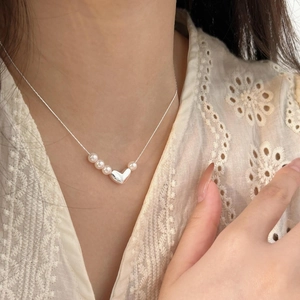 Artificial Pearl Heart Pendant Necklace 925 Sterling Silver Minimalist Elegant Jewelry Sweet Style Women