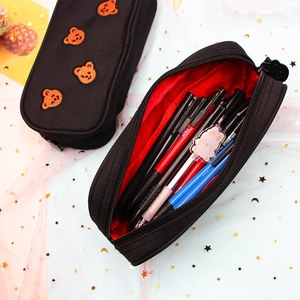 Cute embroidered bear pencil case in black canvas with large capacity for stationery