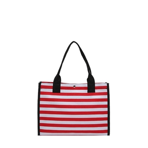 Minimalist red and white striped canvas tote bag with black handles and metal button snap