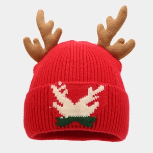 Christmas reindeer antler knit hat in festive red with embroidered deer pattern