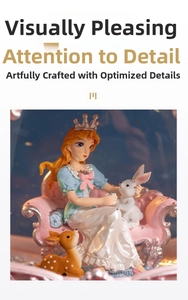 Close-up of a princess figurine with a white rabbit inside a musical crystal ball