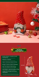 Detailed view of gnome-shaped Christmas tin box with red polka dots and dimensions