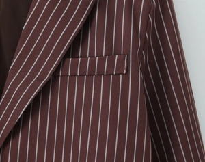 Detail of classic notched lapels and brown vertical stripes on the long-sleeved blazer