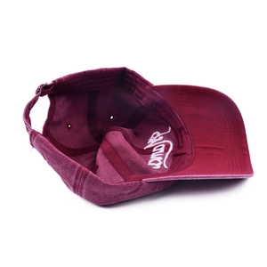Internal view of burgundy distressed cotton baseball cap with white mama embroidery