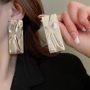 Statement silver rectangular geometric earrings with heavy metal liquid texture for women