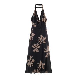 Halter Maxi Dress Mesh Floral Print Backless Sleeveless Deep V Neck Slim Fit Sexy Party Evening Gown For Women