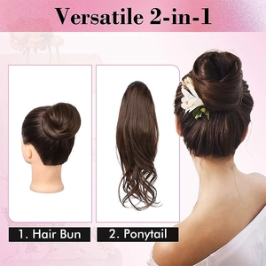 Versatile 2-in-1 synthetic hairpiece showing hair bun and ponytail styles in dark brown