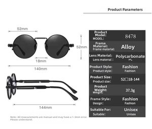 Detailed size parameters and specifications for steampunk round sunglasses model 8478