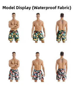 Detail view of men's tropical print beach shorts featuring waterproof fabric properties