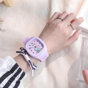 Close-up of light purple silicone strap watch with cute elephant dial for students