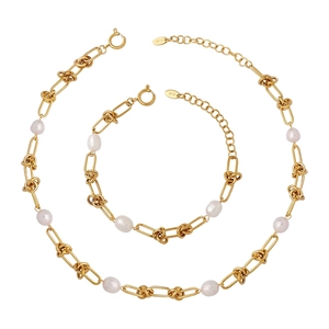Freshwater Pearl Necklace And Bracelet Titanium Steel 18K Gold Plated French Vintage Twist Knot Chain For Women