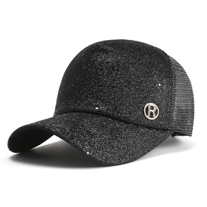 Fashionable black sequin baseball cap with gold R logo and breathable mesh back