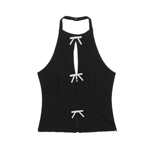 Schwarzes Neckholder-Top für Damen mit Strass-Schleifen und rückenfreiem Design