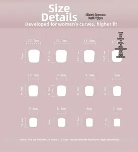 Size chart for short square press-on nails featuring 24 pieces in 12 different dimensions