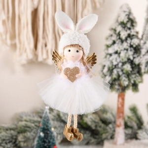Christmas angel hanging decoration with gold wings and plush white dress for tree decor