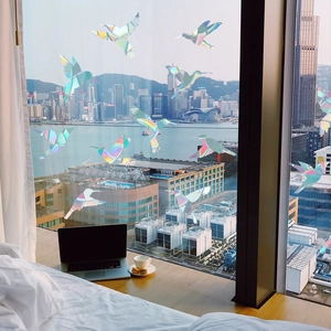 Rainbow holographic bird window stickers with geometric prism effect on a glass window