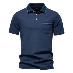 Navy short-sleeved polo shirt with teal stripe collar and piqué mesh fabric texture