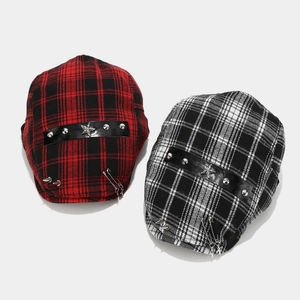Unisex street hip-hop plaid beret hats with punk metal studs and star accents