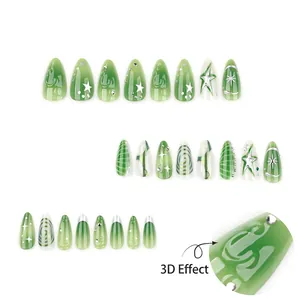 Faux ongles amande courts 3D vert avec texture en relief et décors strass brillants