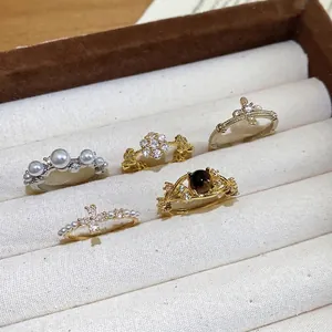 French style pearl and zircon open rings set with elegant minimalist designs in gold finish
