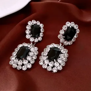 French court style silver earrings with rectangular black stone and crystal rhinestones