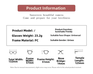 Detailed size specifications for cute dinosaur kids sunglasses with PC frame measurements