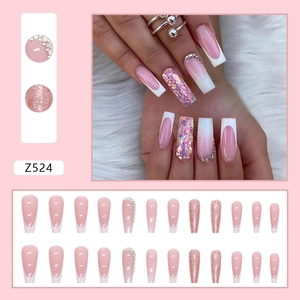 Pink French ombre press-on nails with glitter diamonds and pearl accents Z524