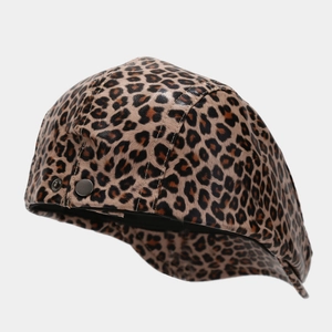 Fashionable leopard print PU leather beret hat for women with retro metallic button detail