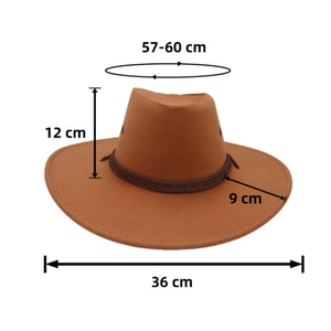 Brown western cowboy felt hat detail with size guide showing 12cm height and 9cm brim