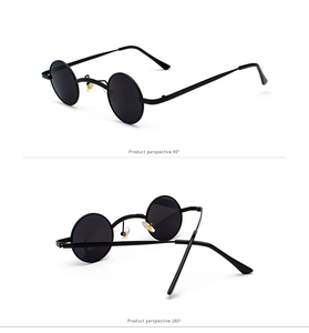 Steampunk retro small round sunglasses with black metal frame shown in multi-angle views