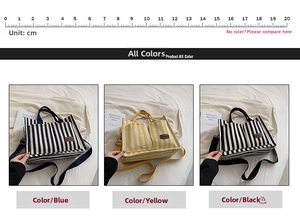 Three-color striped canvas tote bag detail with blue, yellow and black options shown with scale