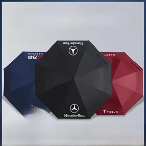 Three automatic business umbrellas in black, navy, and wine red with custom printed logos
