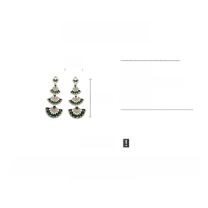 Detailed view of emerald fan-shaped drop earrings with 4.1cm width and 10.9cm height