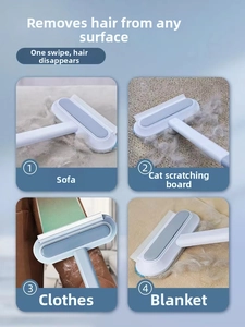 Detail view of the pet hair remover showing usage on sofa, cat scratcher, clothes, and blankets