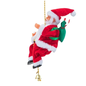 Père Noël en peluche grimpant sur corde dorée avec sac cadeau vert pour décoration