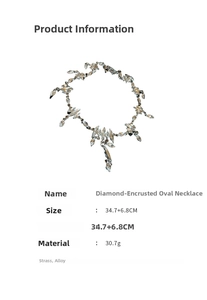 Detail view of rhinestone oval necklace with size specs 34.7+6.8cm and 30.7g weight