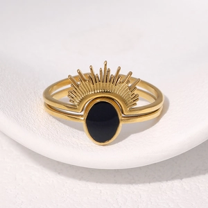 Retro 18k gold plated stainless steel sunburst ring with oval black stone inlay