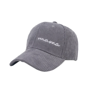 Gray corduroy baseball cap with white mama embroidery and a classic curved brim design
